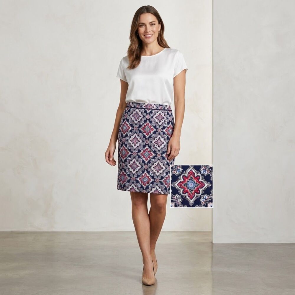 Talbots Blue Geometric Pencil Skirt Office Work Straight Size 4 Lined Cotton